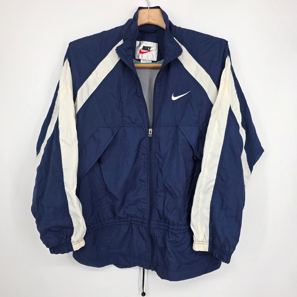 Nike Vintage Navy Blue White Windbreaker Full Zip Mesh Lined Jacket Womens M